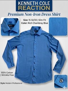 Kenneth Cole Reaction Rich Chambray Blue Slim Dress Shirt